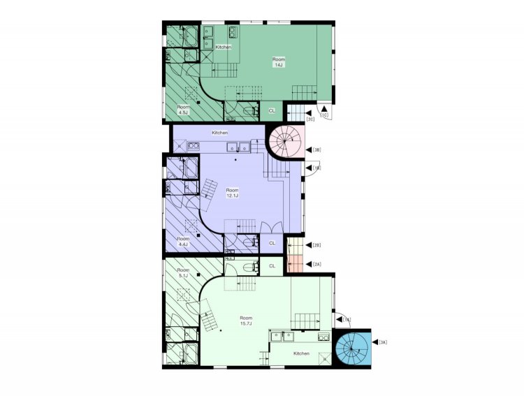 「Dorp」1階の間取り図。上（緑）の部屋をレストラン『kUi』、下（薄緑）の部屋を『細川出飯社』が使用している。