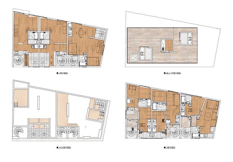 「YOYOGI ANNEX」の2階以上の間取り図。左上から時計回りに、2階、屋上、3階、ロフト階となる。2階～3階が“修行部屋”だ。