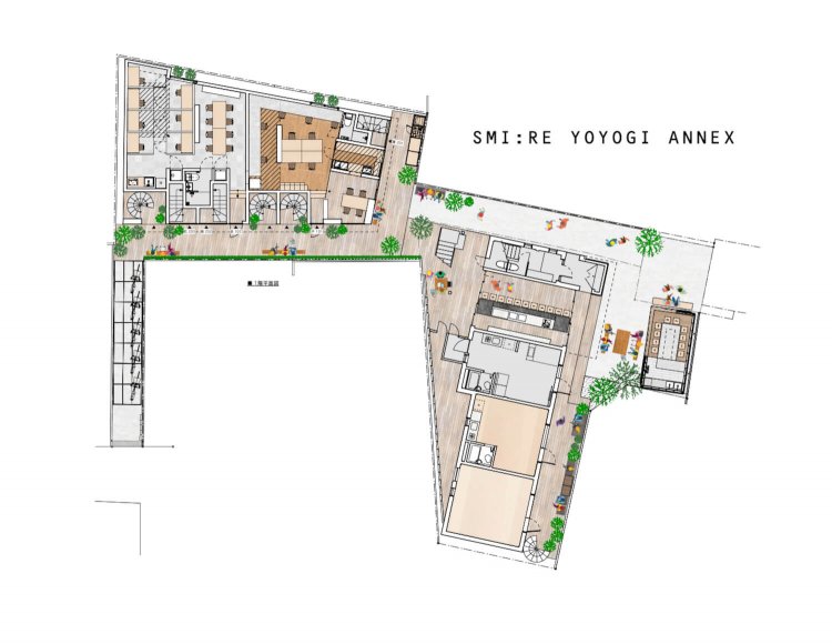 1階の間取り図。右手側が「SMI:RE YOYOGI」、左手側が「YOYOGI ANNEX」となっている。