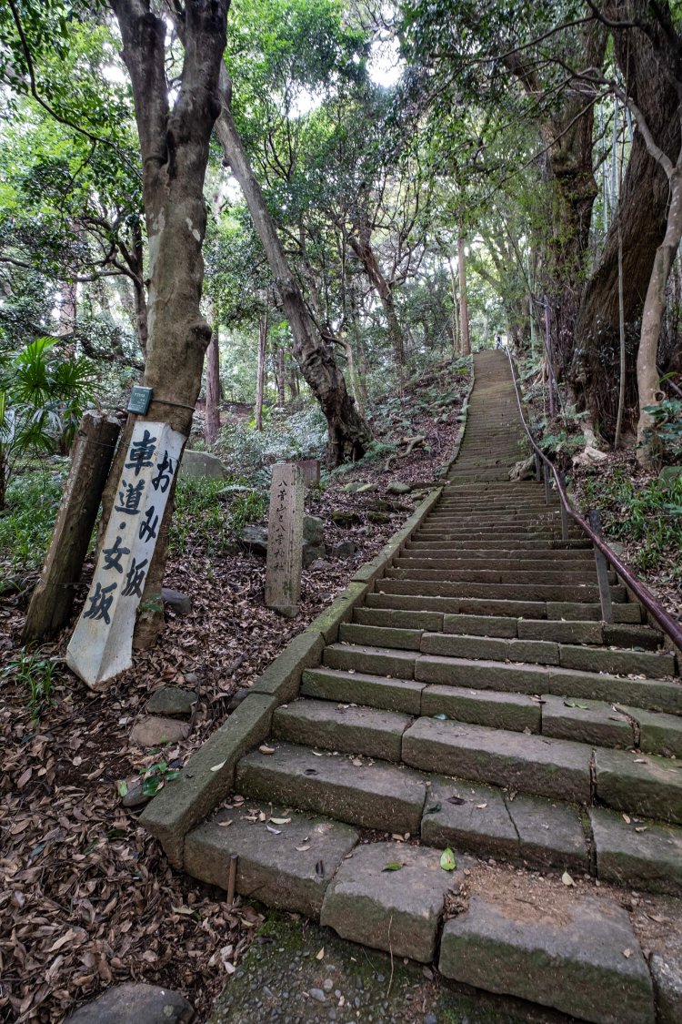 社殿へ向けて急傾斜の石段が約300段続く。