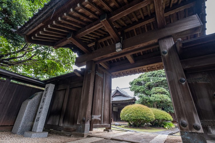 共に国登録有形文化財の薬医門（明治中期築）越しに主屋を望む。