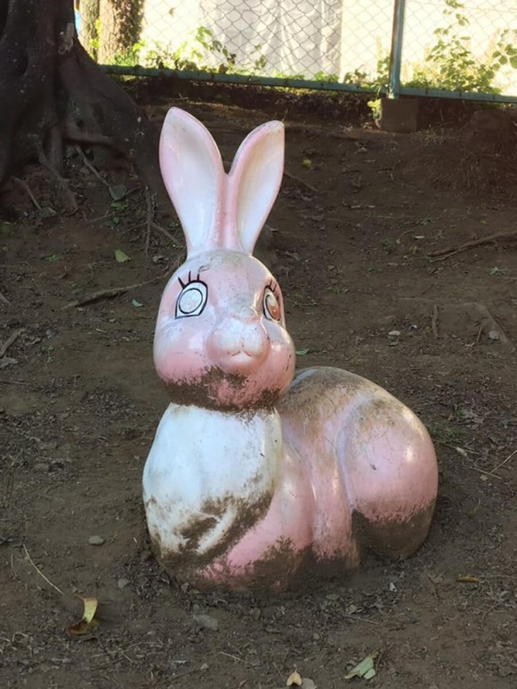 おそらく府中のおしゃまウサギとボディの形は一緒なのだが、目が白目になっているだけでホラー感が出てしまう（吉祥寺）。