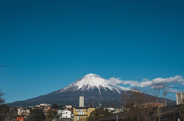 富士山本宮浅間大社の近くから望む富士山。左下に鳥居が見える。神社と富士山がどうコラボするかが見もの。　撮影／ちょりんた（＠chorinta）