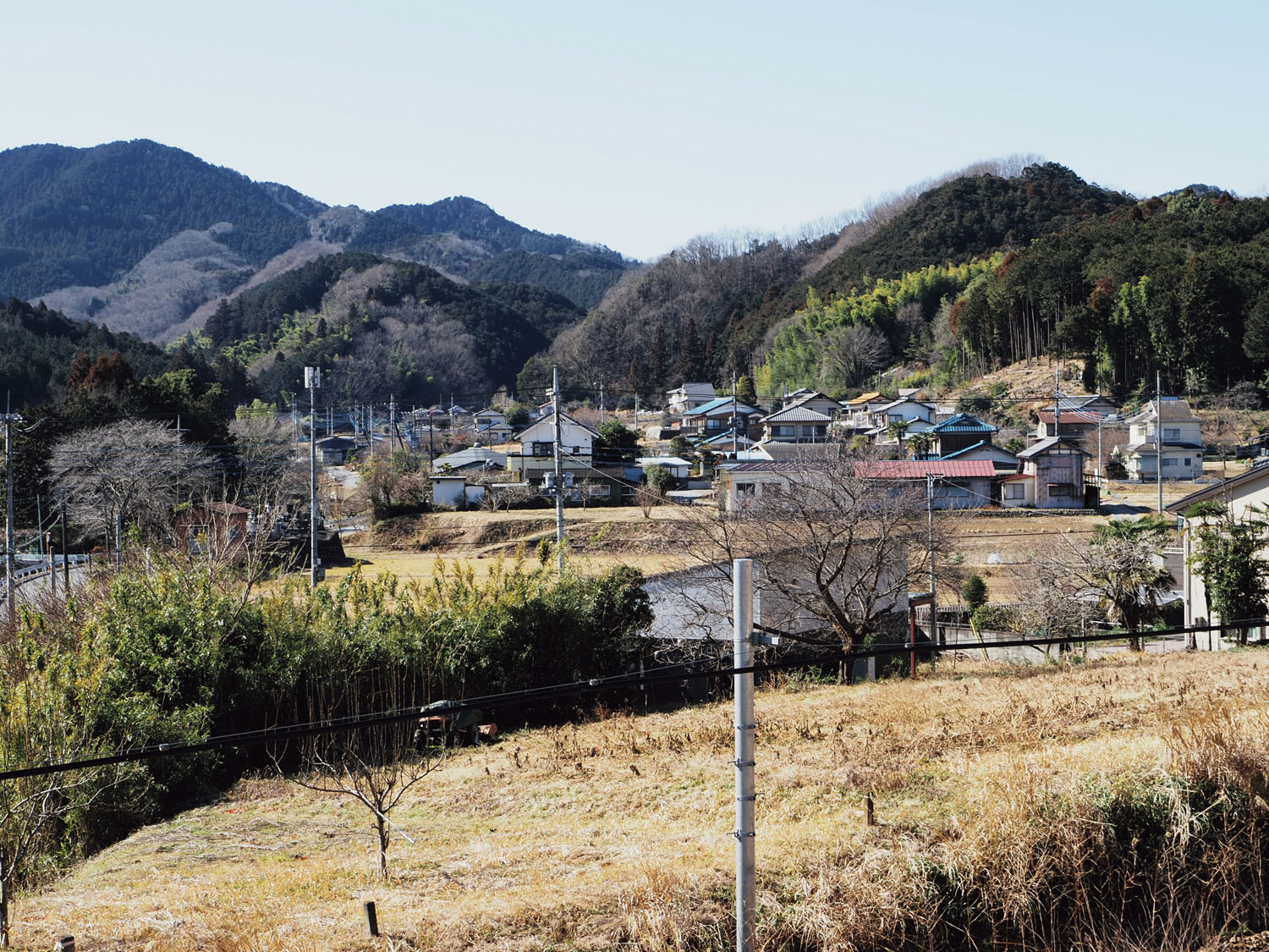 八高線の北側からみた勝呂（すぐろ）の集落。明治期までは竹沢六村のひとつで竹沢勝呂村といった。