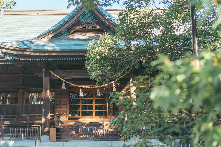 浜松八幡宮の拝殿の撮影では、手前に木立を入れることで、奥行きを出している。撮影／ちょりんた（＠chorinta）