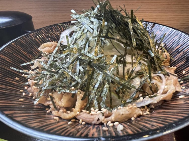 蕎麦の上には豚肉・長ネギ・刻み海苔・ゴマが乗ったボリューミーな一品。
