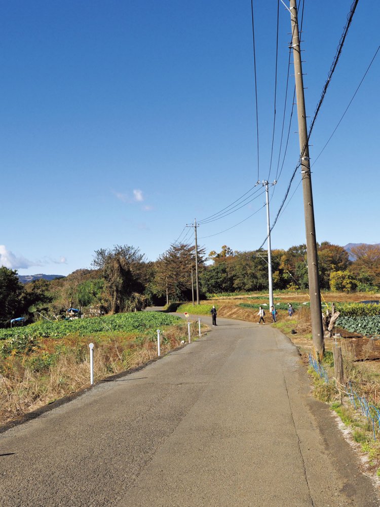 尾根沿いの平坦な道はまっすぐ延びる。傍らでは地元の人々が畑仕事に勤しむ。
