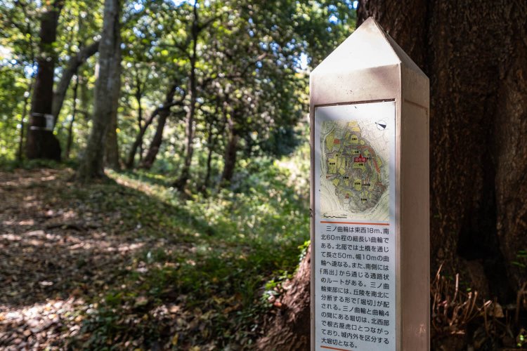 雑木林に覆われた城跡では、詳しい解説板を兼ねた道標も要所に立つ。