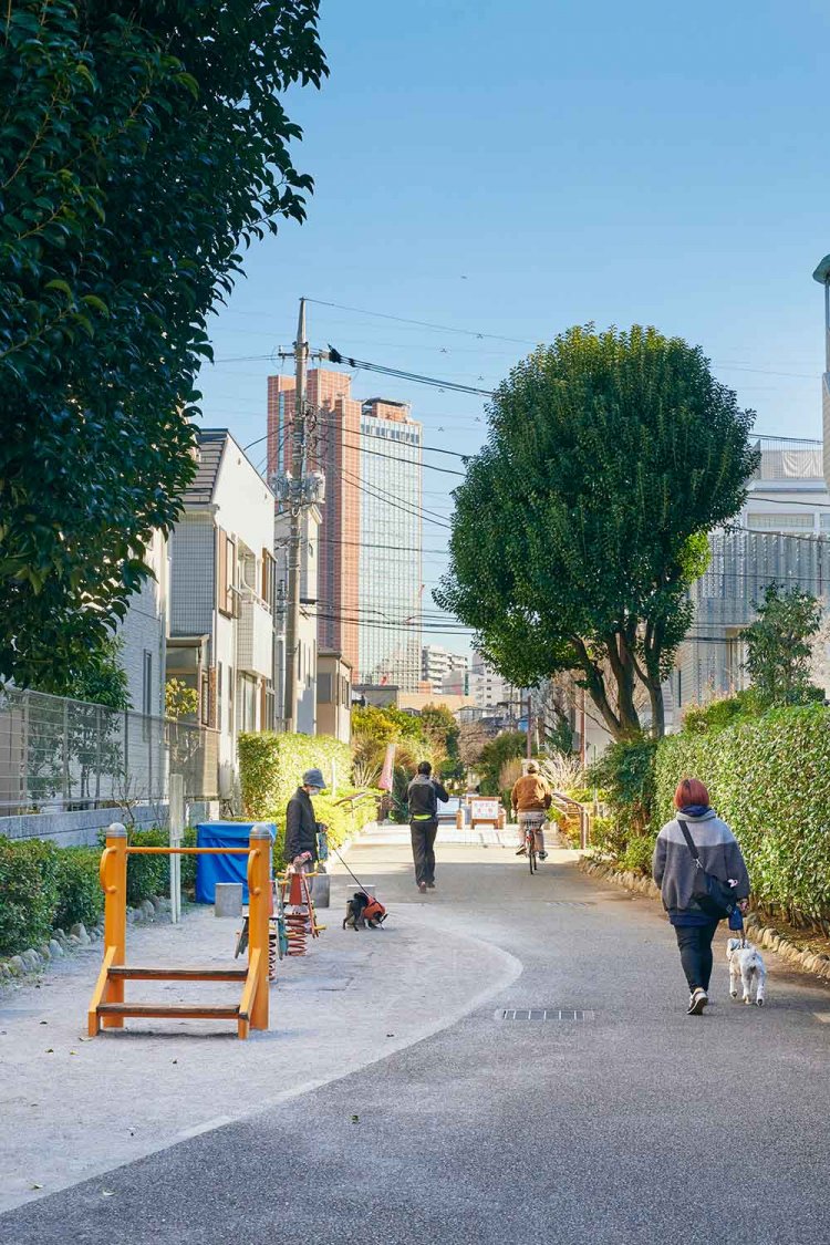 全長約7㎞の烏山川緑道。宮の坂で世田谷線と交差し、三軒茶屋でキャロットタワーを望む。