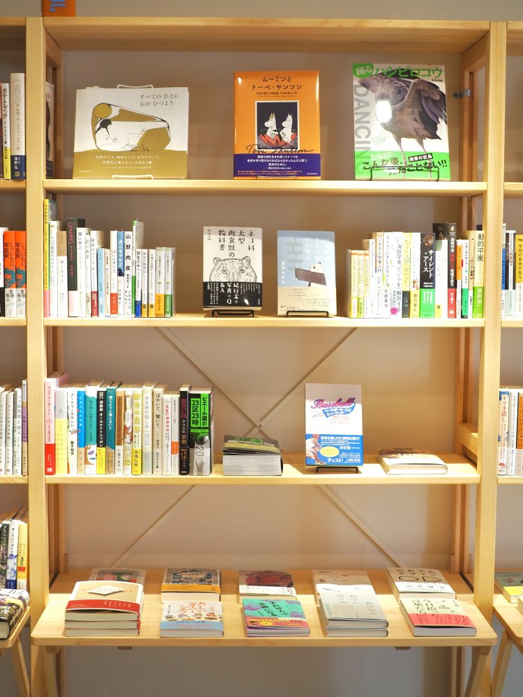 長島さんお気に入り、動物関連の本が並んだ棚。「何時間でも見ていられます」。