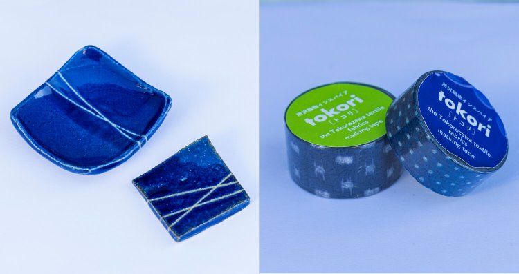 伝統の所沢織物をモチーフにした雑貨もあるよ！　所沢織物インスパイアtokoriマスキングテープ500円～、箸置き500円、醤油皿700円。