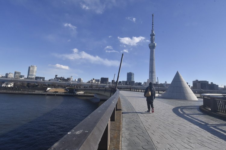 隅田川に架かる歩行者専用橋の桜橋と東京スカイツリー。