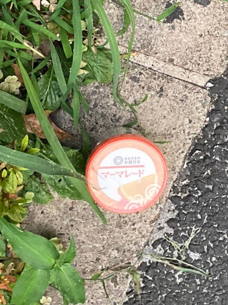 スーパー西友のプライベートブランドのマーマレード。新品なので落とし物であろう。