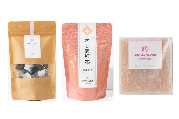 左から、FULL BLOOM TEA810円、さしま紅茶540円、アロマサボン ダマスクローズ550円。