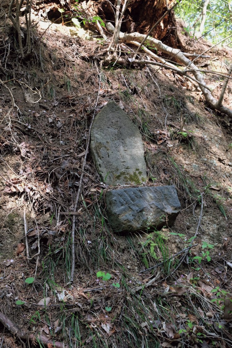 天神峠の道脇に埋まっていた石仏。峠の上の両側に祠も残っていた。
