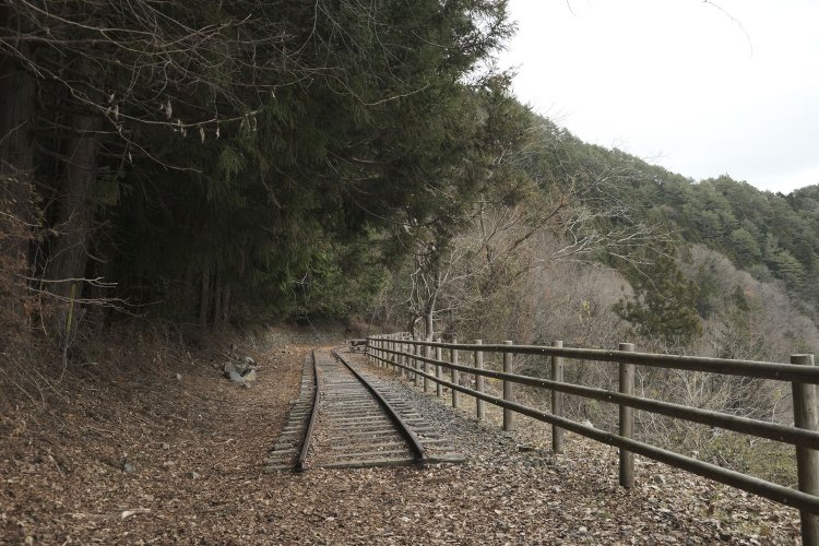 廃線小径となって始まる散策道とレール。1067mm幅の細いレールが続いていく。廃線跡好きにとってはテンションの上がる瞬間だ。2019年12月26日