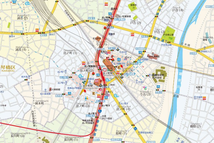 「出ノ町駅」周辺。赤い線が地下鉄で「平川駅」とつながっている。