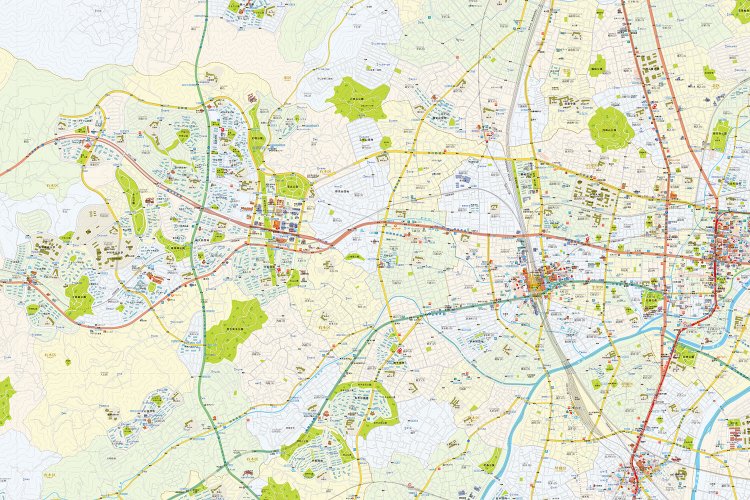 画面左側がニュータウン。幹線道路が東西にのびている。