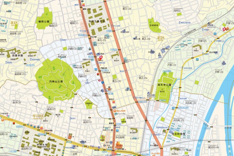 画面中央付近に「那古」の地名が見える。「那古口」「中工大前」などは路面電車の停留場。