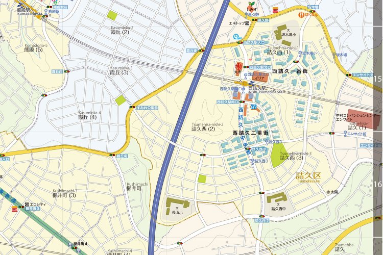 地図の西側に位置する「詰久」。区の名前にもなっている。