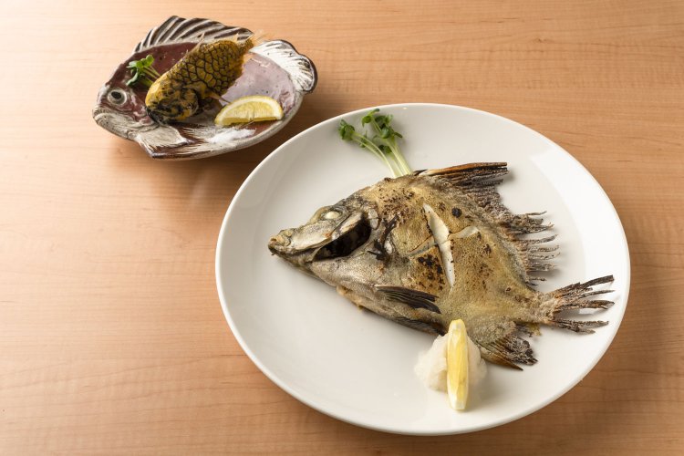 身がふわふわのカワビシャの蒸し焼き（手前）や鎧のような固いうろこをまとっていて中は濃厚な身が詰まっているマツカサウオなど珍しい魚も。