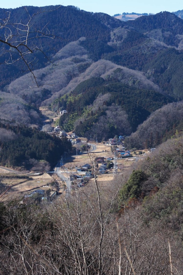 標高263mの金勝山の山頂から吉田家住宅方面を望む。上の原っぱのような山は秩父高原牧場。