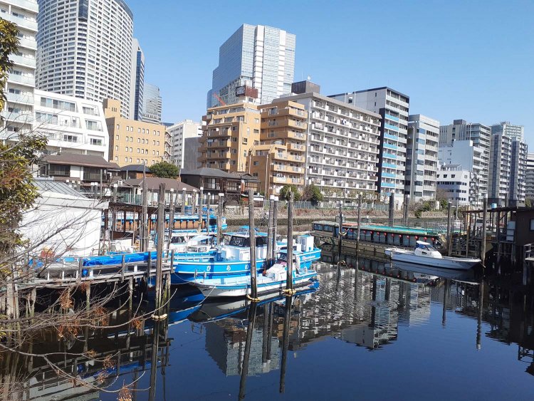 品川浦(北品川の船だまり)。江戸期から漁業で栄えたが、1968年にその役目を終え、以降は釣り船や屋形船の係留地に。