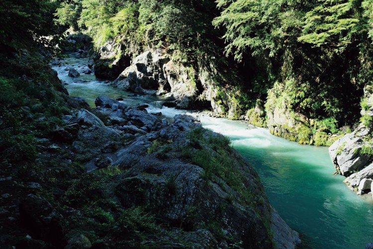 鳩ノ巣小橋を渡り、鳩ノ巣渓谷遊歩道に下りたあたり。渓谷の上流部を眺める。多摩川と巨岩が生み出す自然美に驚愕する、はず。
