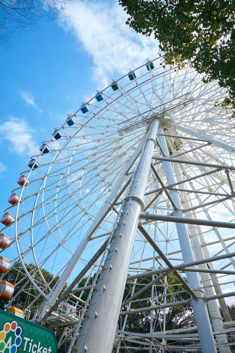 千葉県随一の65mの高さを誇るジャイアントホイールは1周15分。500円。「1台しかない紫色のゴンドラ、探してみよう！」