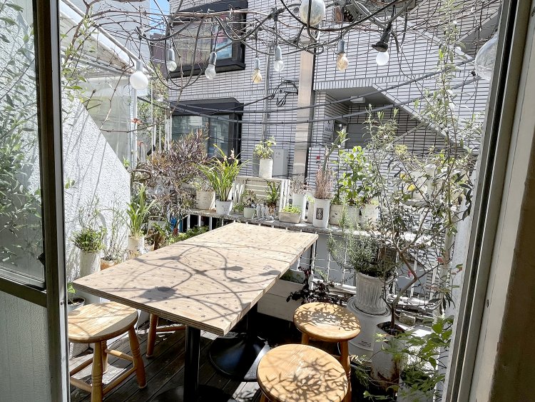 2階の階段の踊り場にあるテラス。ファニーな多肉植物や鉢植えの植物に癒やされる。