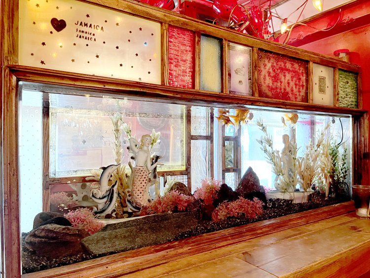 日本家屋の引き戸をリメイクした水槽。金魚が元気に泳いでいた。