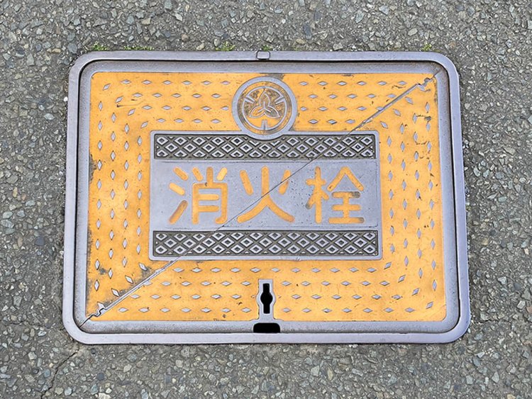 シンプルな文字と市章のみの消火栓蓋。レトロな雰囲気が漂う（所沢）。