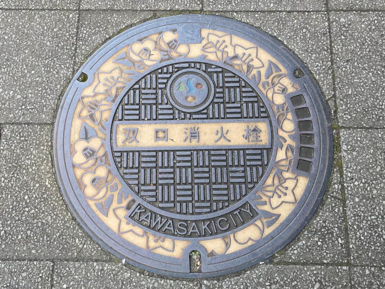 川崎市の花であるツツジと、木であるツバキがあしらわれている（川崎）。