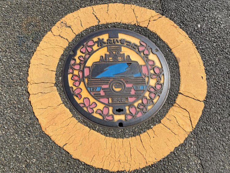 正面からのアングルの消防車を、ぐるりとハナミズキが囲む（調布）。