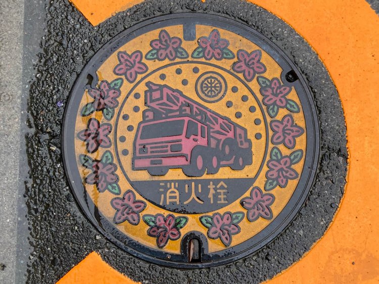 こちらもツツジに囲まれた消防車。花と消防車の組合せは意外にマッチする（館林）。