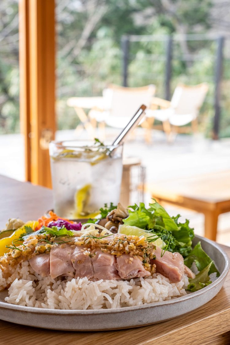 彩り豊かな盛り付けのカオマンガイ1300円とキウイ＆レモンの自家製シロップ600円。