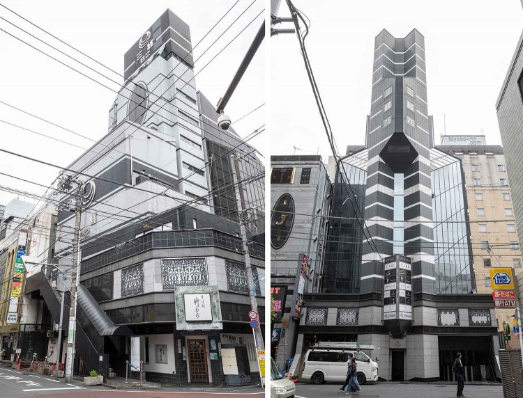 ポストモダンなデザインの三経75ビル（右）と三経82ビル（左）は、建築家の故・竹山実氏による設計。