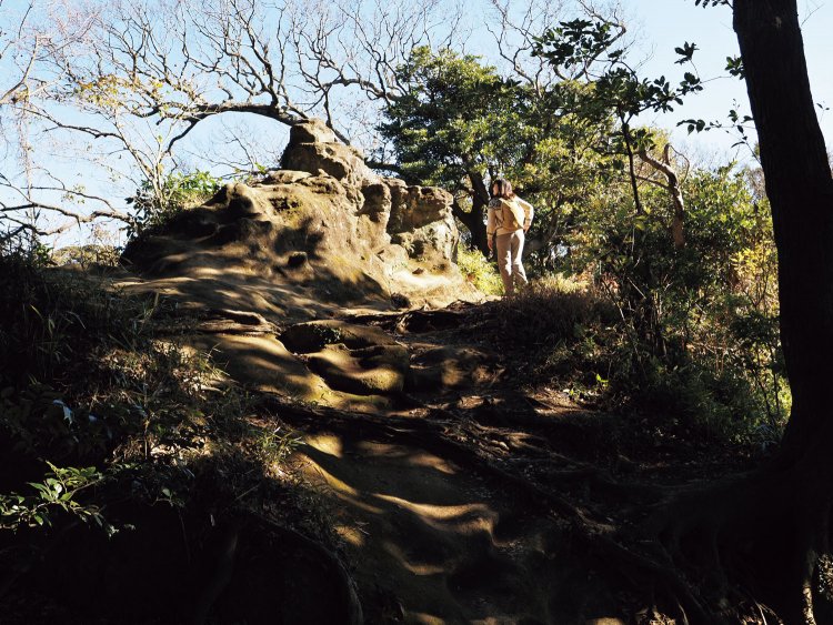 勝上献展望台近くにある「十王岩」。この岩を登ると、岩の裏に石仏が刻まれている。