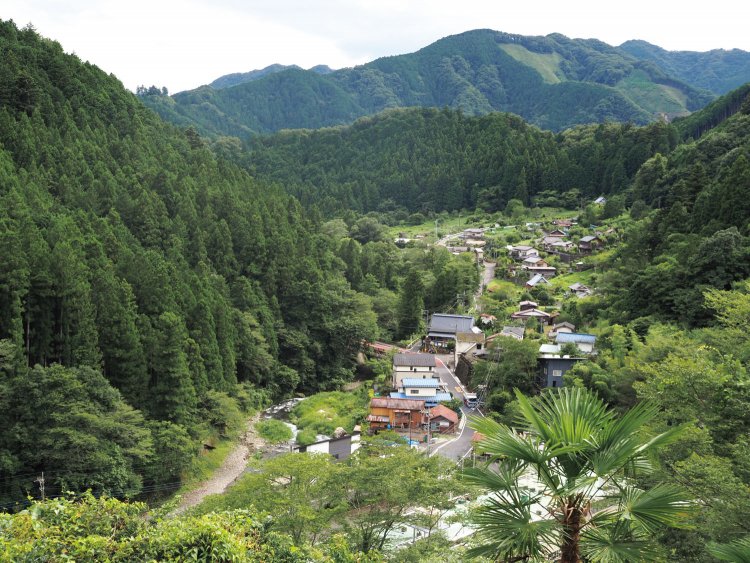 軍道の集落から下の寺岡方面を俯瞰する。左の川が養沢川、手前のコンクリートの建物は かつての小宮小学校。今は小宮ふるさと自然体験学校として利用されている。