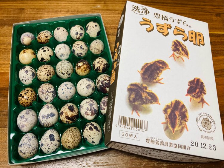 うずらのヒナがあしらわれたデザイン。数十個に1個は孵化させることができるとも聞くので、このタマゴが成長するとこうなるという図だろうか。