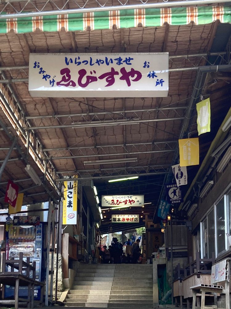 大山の参道の土産物店。階段状になっているので、奥の看板も見やすい（大山）。