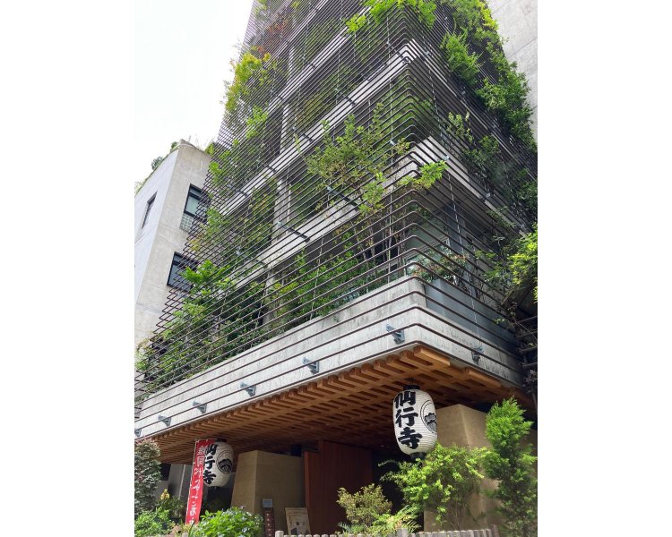 本堂の各フロアに緑が溢れ、ビル自体が一つの大きな木のような存在になっている。街に突然現れる御神木のような木や、山の中にあるお寺をイメージして設計されたのだそう。