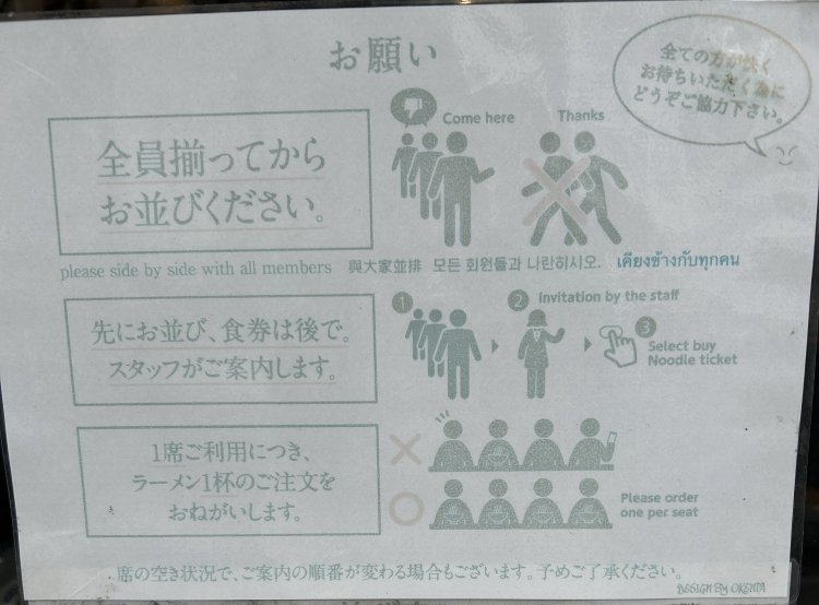 入り口には並び方のルールを5か国語で掲示している