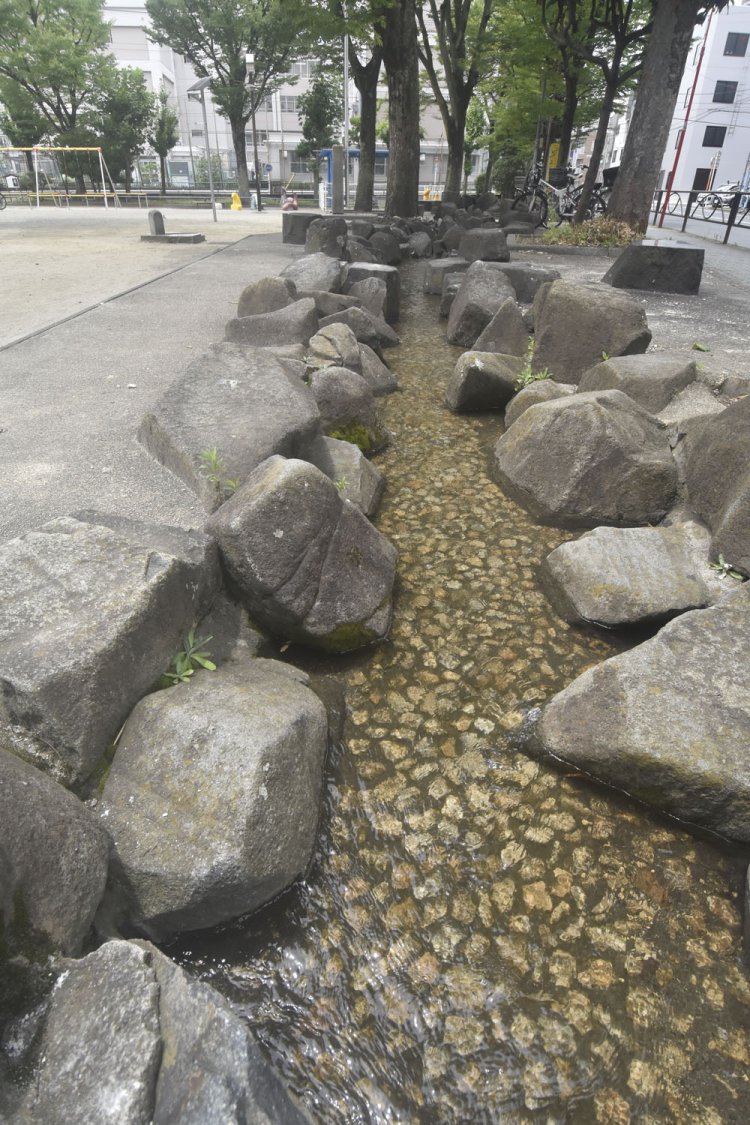 業平公園内を流れる小川は、子どもたちにとって格好の遊び場。