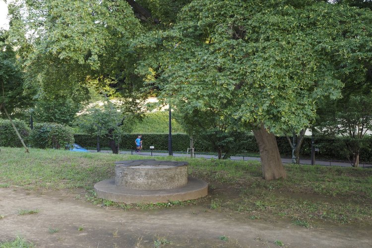 少し離れた位置にある台座。背後の代官町通りには皇居ランナーが和気あいあいとランをしていた。