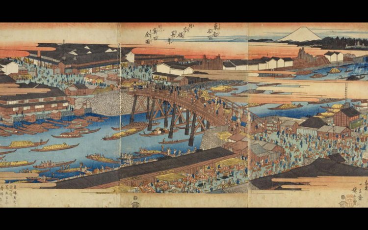 一立斎広重著「東都名所 日本橋真景并ニ魚市全図」国立国会図書館。