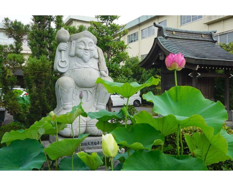 蓮と並んでにこやかな表情を見せる大黒天像。後ろには羽田さんも通った千代小学校が。