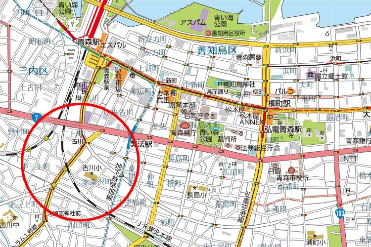 「青森トラム」地図 1：15000（制作＝今和泉隆行）。『散歩の達人』2023年9月号の能町みね子さんの連載「ほじくりストリートビュー」では、この「青森トラム」の舞台を訪ねています。