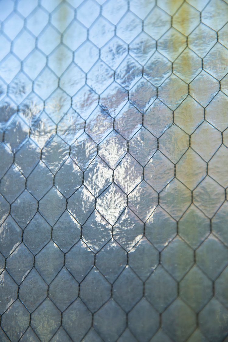 結び目に捻りを加えた亀甲模様のワイヤガラス窓は古物件の証し。