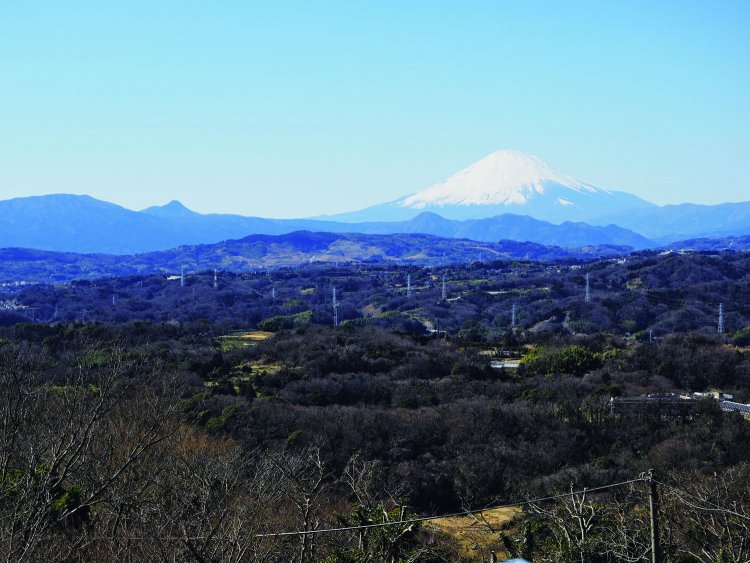 湘南平の新展望台からの眺め。手前の低い丘は曽我丘陵。左端から明神ヶ岳、その右隣の ぽっこり山は金時山、富士山下のぽっこりは矢倉岳になる。